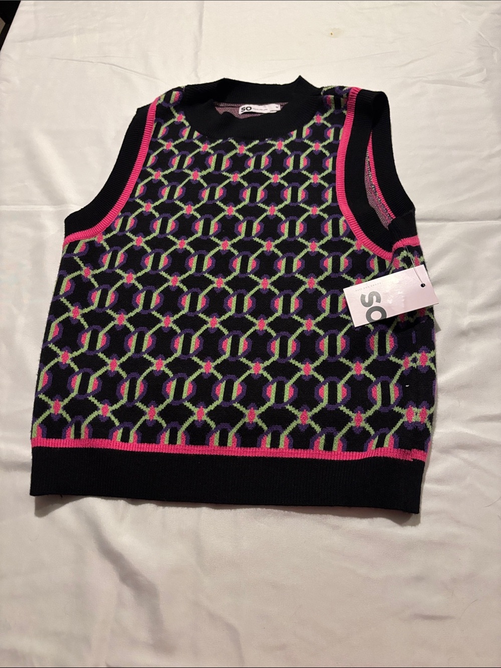 SO Black Knit Tank Top with Pink and Green Geometric Pattern